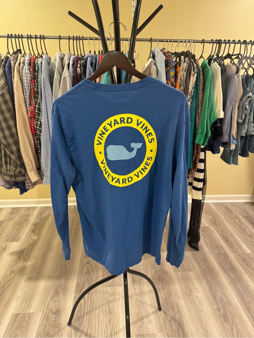 Vineyard Vines Blue Long-Sleeve Tee with Yellow Logo